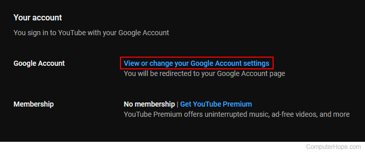 Link to view settings on a YouTube account.