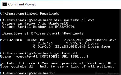 Run the program by changing to the directory with the downloaded youtube-dl.exe, and running the command 'youtube-dl'.