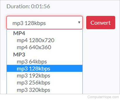 YouTubetoMP3 Converter - MP3 quality selection