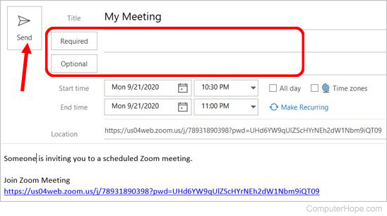 Send invite for a scheduled meeting on a computer