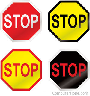 Four stop signs with different colors