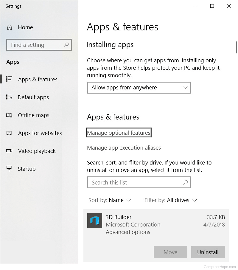 Windows 10 Apps and features