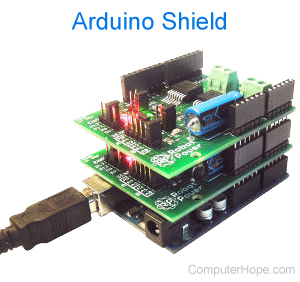 Arduino shield PCB (printed circuit board) connected on top of an Arduino device.