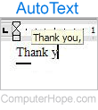 Example of Microsoft Word displaying AutoText of Thank you when typing Thank y