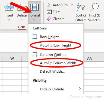 Microsoft Excel AutoFit options in Format menu