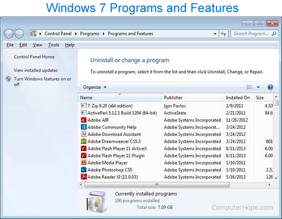 Windows 7 Add or remove programs