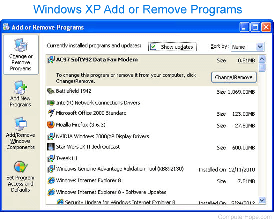 Windows XP Add or Remove programs