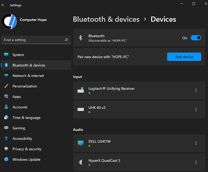 Bluetooth and devices in Microsoft Windows 11