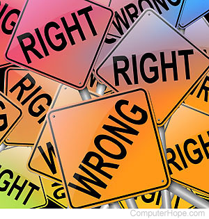 Yellow, orange, red, and green traffic signs with word Right or Wrong.
