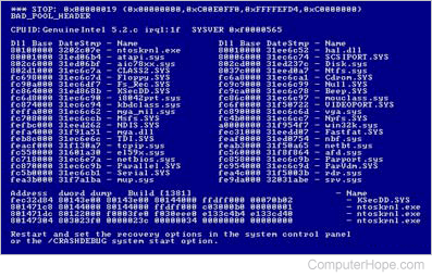 Windows XP blue screen stop error