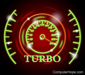 Neon green speedometer, with needle pointing to 240 and the word Turbo superimposed over top