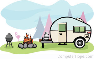 Camping trailer near a fire and covered grill.