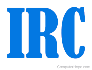 IRC in white lettering on purple background.