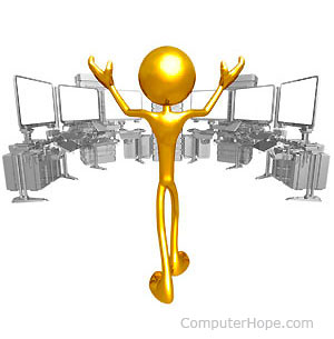 Gold-colored stick figure standing with arms up, in front of seven computers and monitors