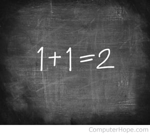 '1+1=2 ' written on a chalkboard.