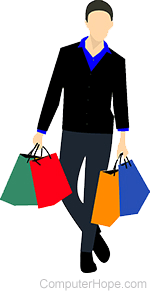 Person holding four different color shopping bags