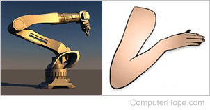 Illustration of a robotic arm and human arm.