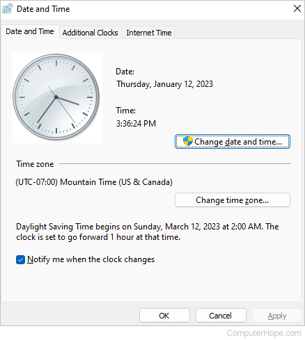 Date and Time window in Microsoft Windows 11.
