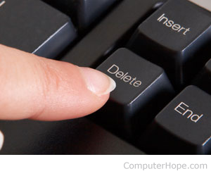 Finger pressing the Delete key on a keyboard.