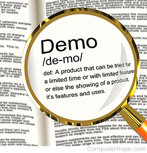 Dictionary definition of the word demo under a magnifying glass.