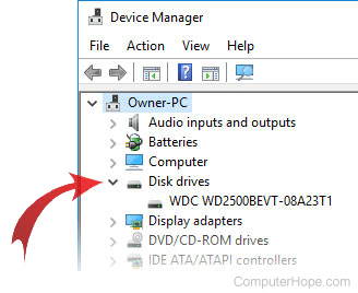 Expanding a category in the Windows 10 Device Manager