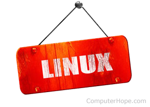 Red hanging sign with Linux printed on it.
