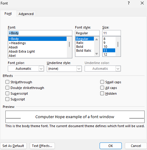 Font window in Microsoft Word.