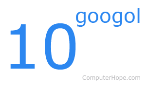 Number ten with the word googol as superscript, representing a googolplex.