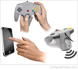 Two examples of haptic feedback devices: an Apple smartphone, and a Nintendo 64 controller with a Rumble Pak.