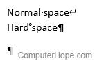 Hard space formatting mark in Microsoft Word vs. normal space.