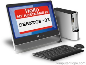 Desktop computer with a name tag on the screen.