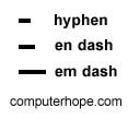 Hyphen, en dash, and em dash.
