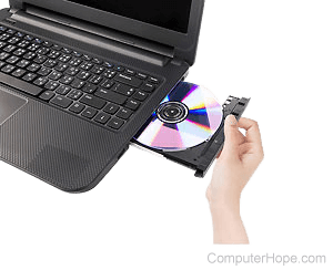 Compact disc being inserted into a laptop CD-ROM (compact disc read-only memory) drive.