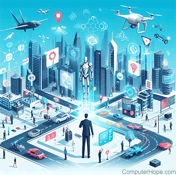Illustration showing what Internet of Everything may look like with all devices in a city talking to each other.