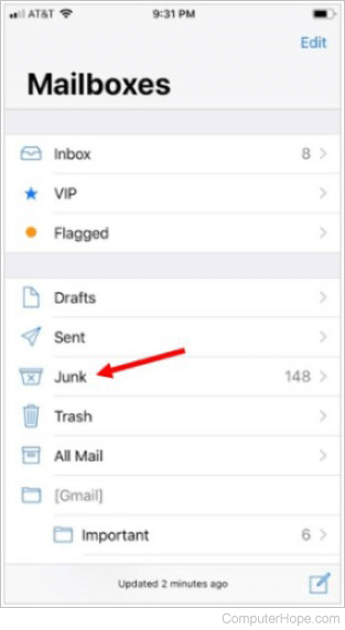 Junk folder in Mail app on iPhone