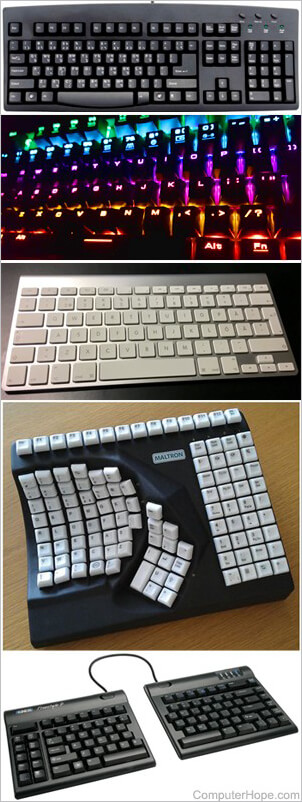 Alguns tipos de teclado: 101 teclas com Nepali, RGB, Apple Magic, Canhoto com uma mão, Kinesis Freestyle Ergonomic, on-screen.