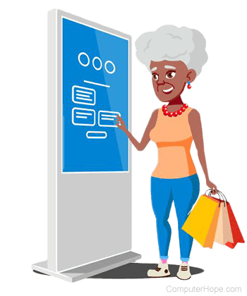 Illustration of a woman interacting with an electronic kiosk.