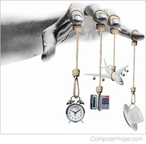 Hand with clock, calculator, jet, and coffee cup hanging from the fingers.