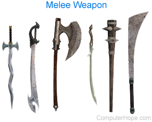 Several examples of melee weapons, including a sword, mace, and axe.