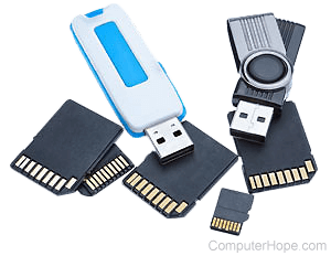 Several types of memory cards and flash drives.