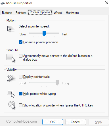 Mouse Properties pointer options and settings.
