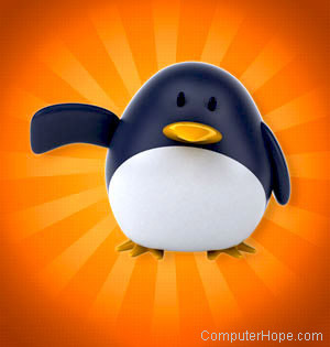 Illustrated penguin on orange background.
