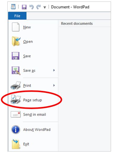 Page Setup location in WordPad