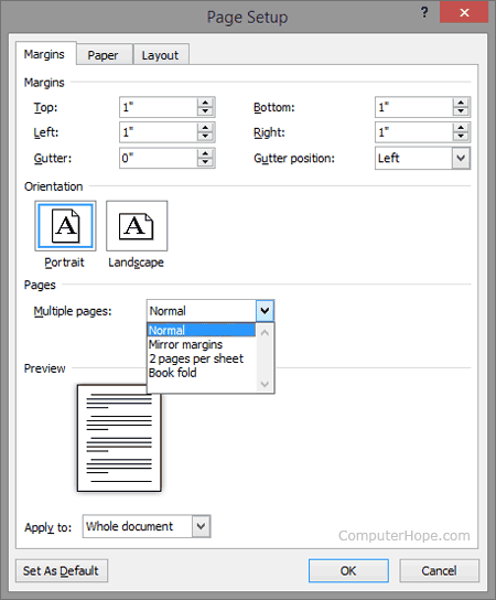 Configurazione della pagina di Microsoft Word