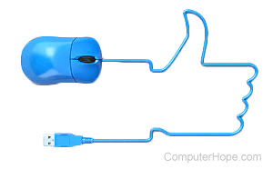 Wired USB (universal serial bus) mouse cable shaped like a hand giving a thumbs up sign.