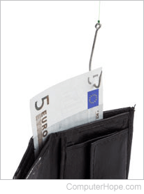 Fishing hook pulling a 5 Euro bill out of wallet
