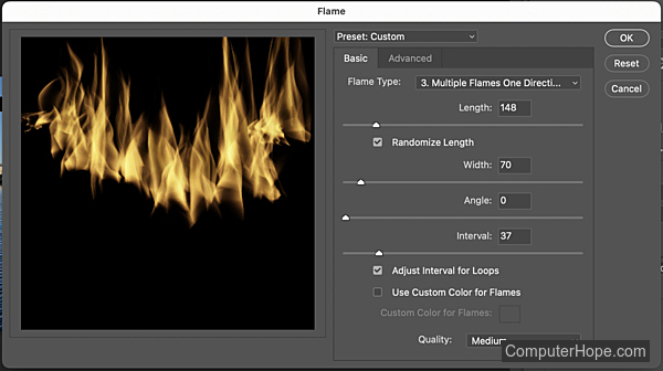 Flame filter in Adobe Photoshop.