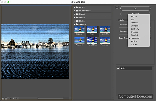 Adobe Photoshop Grain filter settings window.
