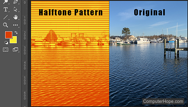 Filter Halftone Pattern dengan garis di Adobe Photoshop.