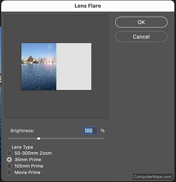 Lens Flare settings in Adobe Photoshop.
